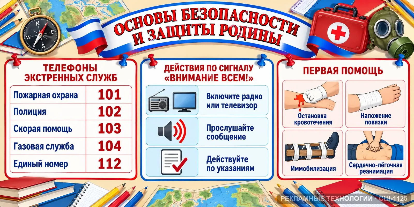 Стенд «ОБЗР — большой стенд» для школы, СШ-1125