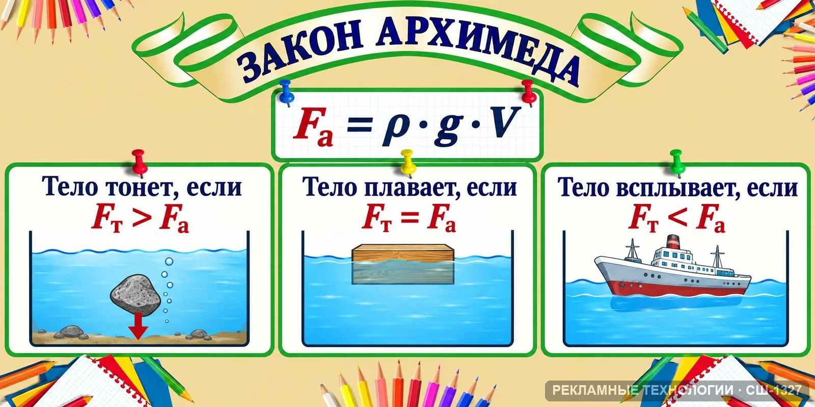 Стенд «Физика — плавание тел» для школы, СШ-1327