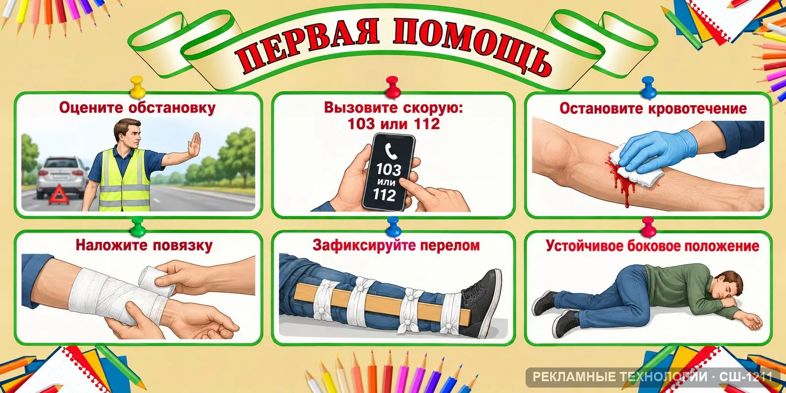 Стенд «ОБЗР — первая помощь» для школы, СШ-1211