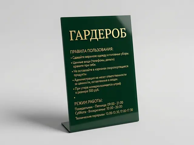 Т-117 · Табличка для гардероба: правила и часы работы